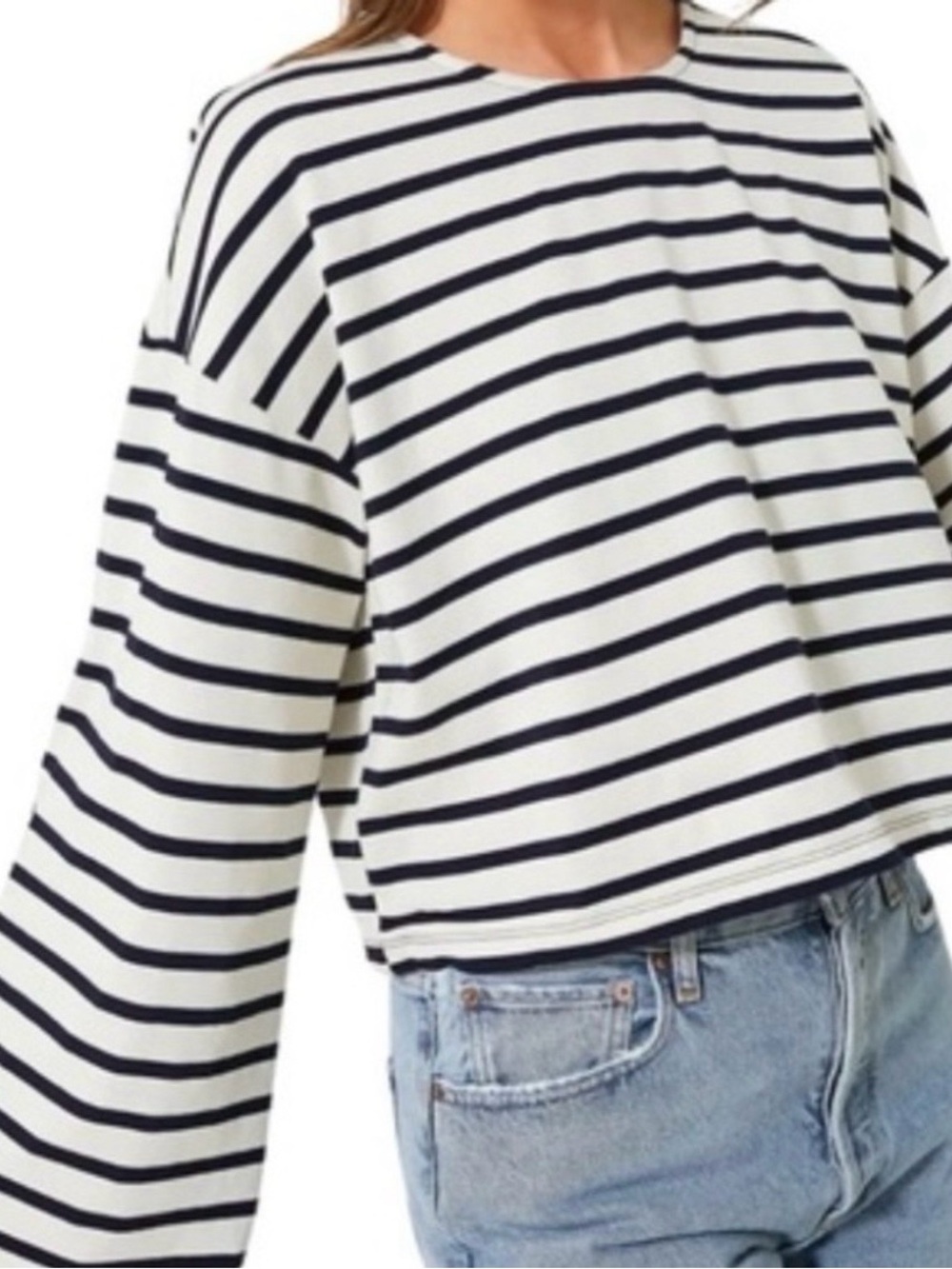 Tuckernuck Striped Long Sleeve Cropped Boxy Top White Black XL